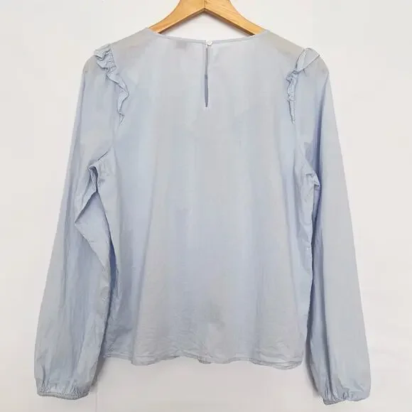 Loft Ruffle Long Sleeve Blouse Cotton Sheer Cottagecore Prairie Size Small Blue - Picture 7 of 16